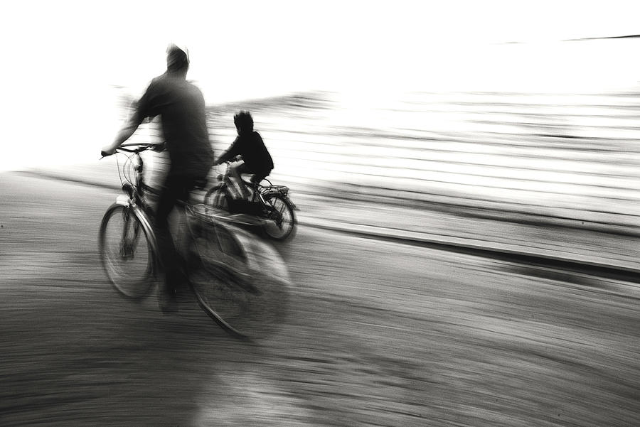 Black And White Photograph - Biking : The "learning" Look by Yvette Depaepe