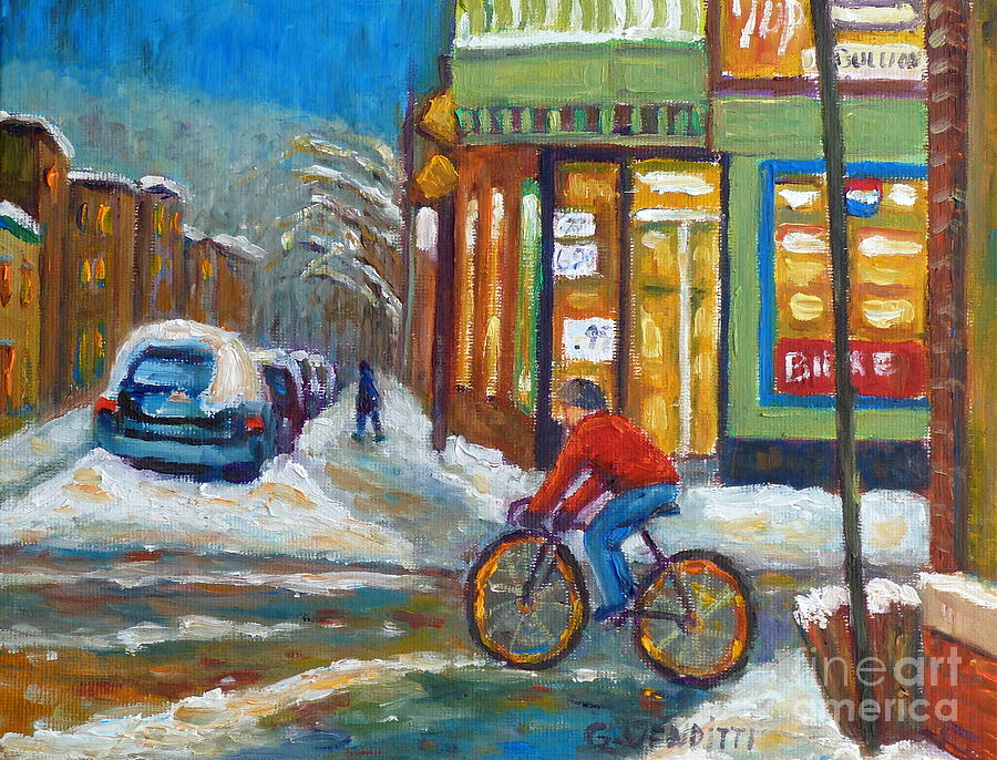 Biking At Dusk On Debullion And Marianne Near Grocery Store Montreal Winter Scene G Venditti Artist Painting by Grace Venditti