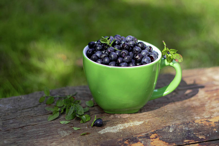 Bilberry In Green Cup On The Wood Photograph by Karolina Nicpon