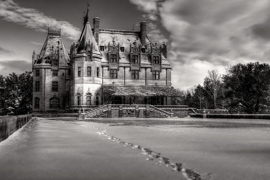 Biltmore House From The Tea Room In Snow In Black And White Photograph