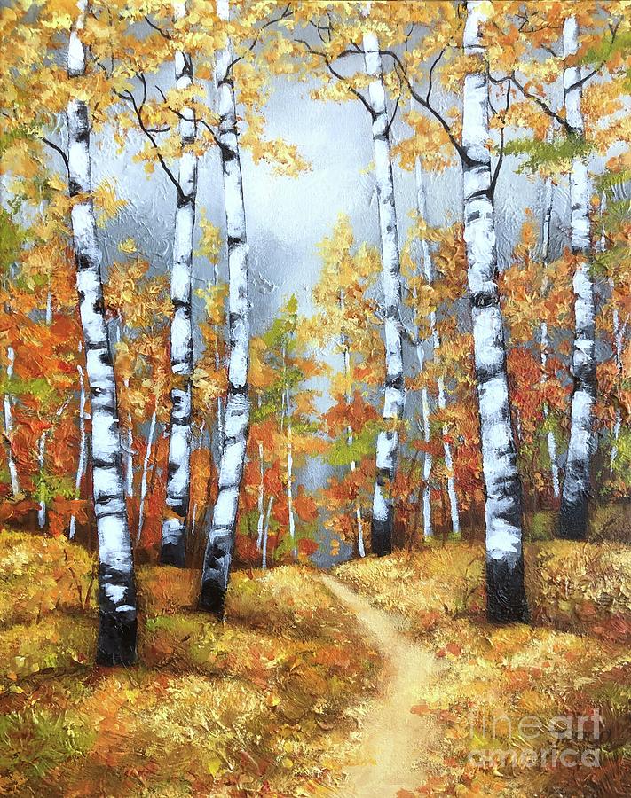 Birch light along the path Painting by Inese Poga