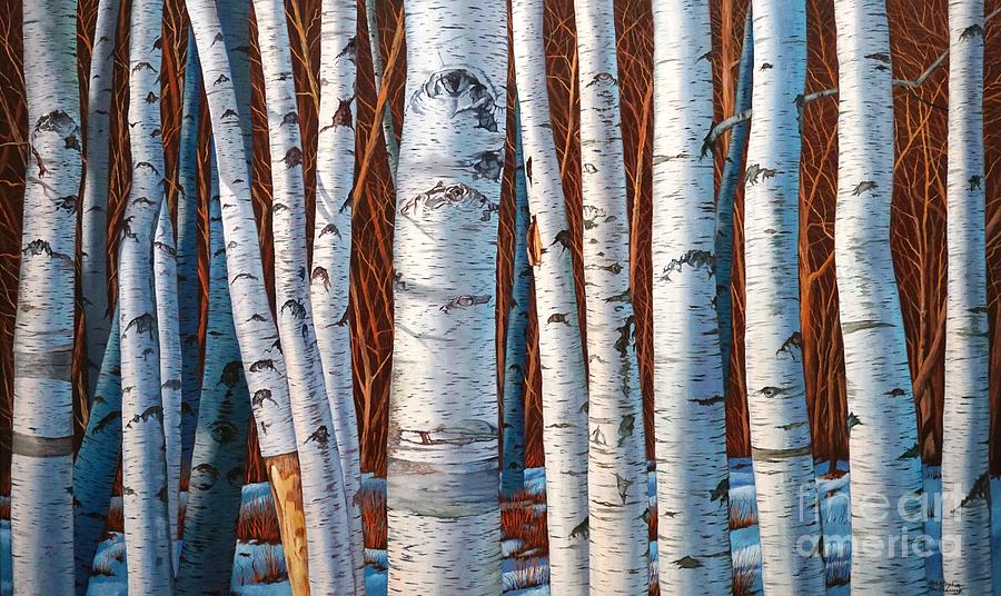 Birch Trees in early winter in painting Painting by Christopher Shellhammer