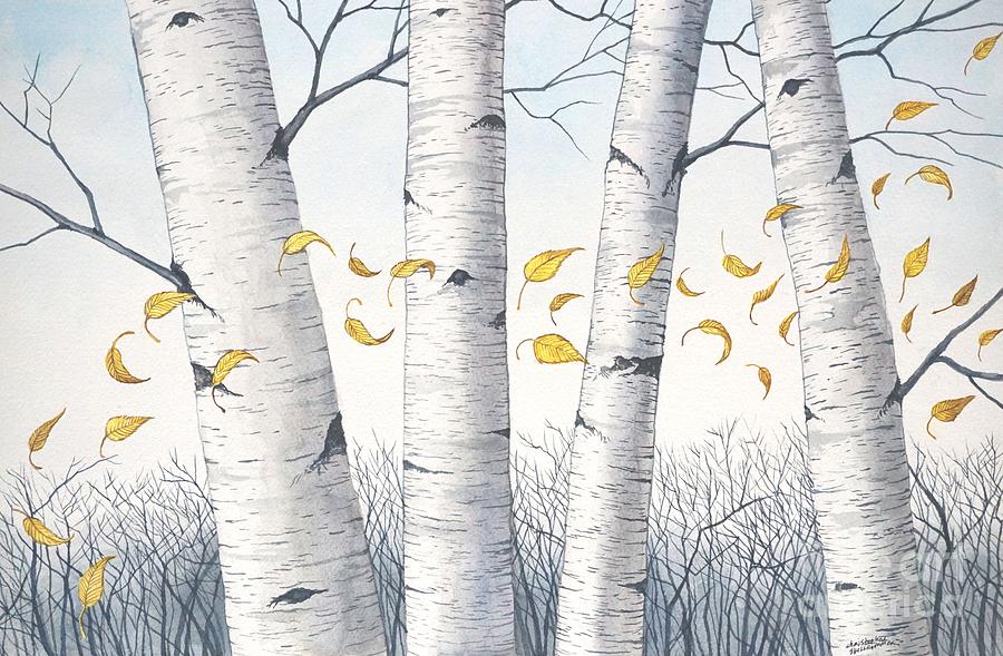 Birch Trees with flowing leaves in watercolor Painting by Christopher Shellhammer
