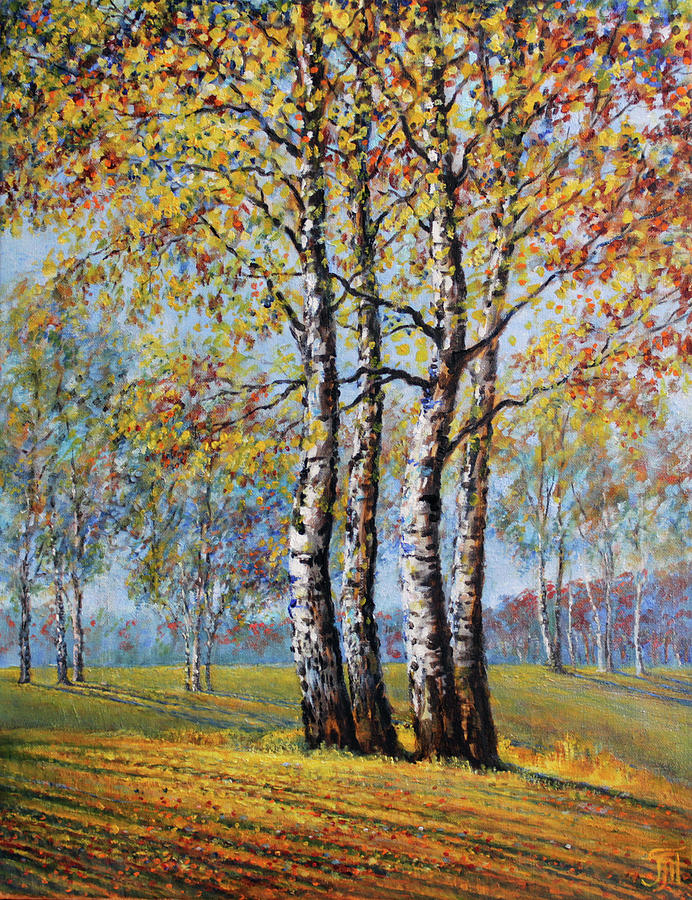 Birches. Composition in yellow Painting by Leonid Polotsky - Fine Art ...