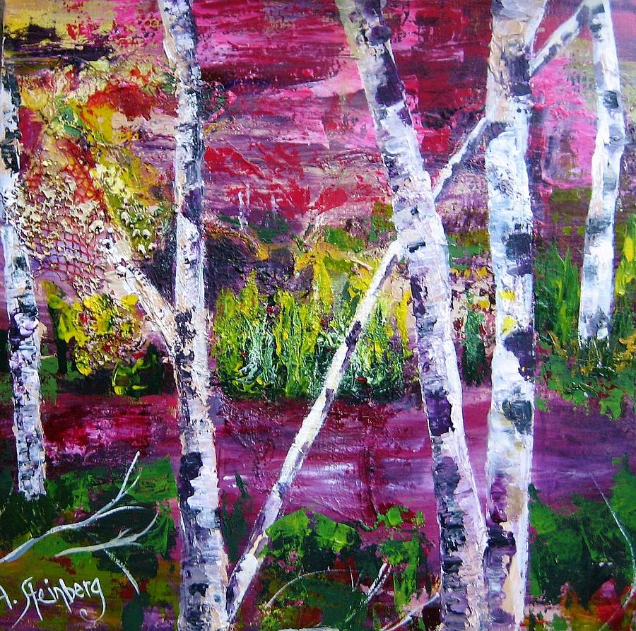 Birches in a pink sky Painting by Adele Steinberg - Fine Art America