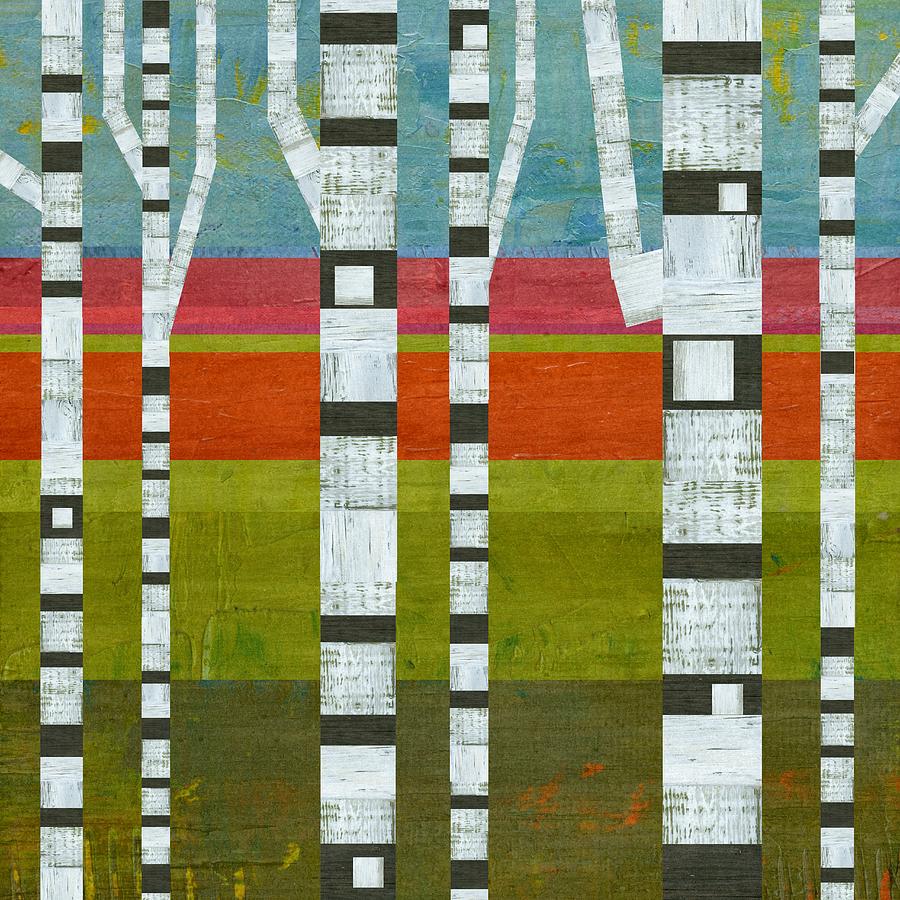 Birches with Pink and Blue and Green Digital Art by Michelle Calkins