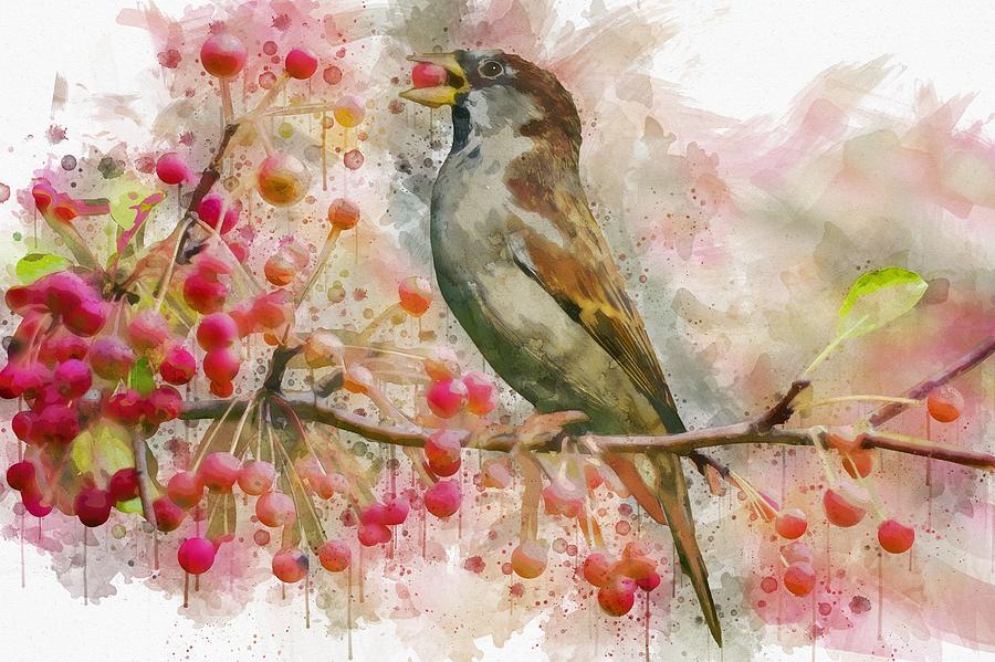 Bird Eating Cherries From A Tree Watercolor Painting
