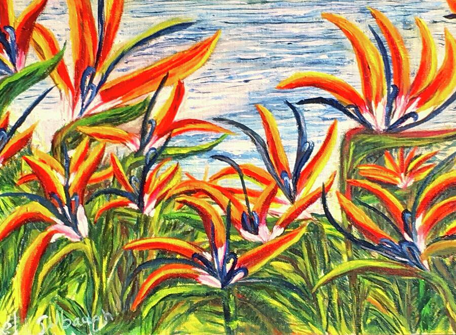 Bird of Paradise by Pond Painting by Michael Silbaugh