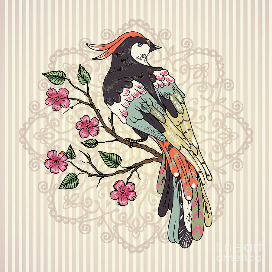 Pets Digital Art - Bird On A Branch Vector Illustration by Maria Sem Pets Digital Art - Bird On A Branch Vector Illustration by Maria Sem