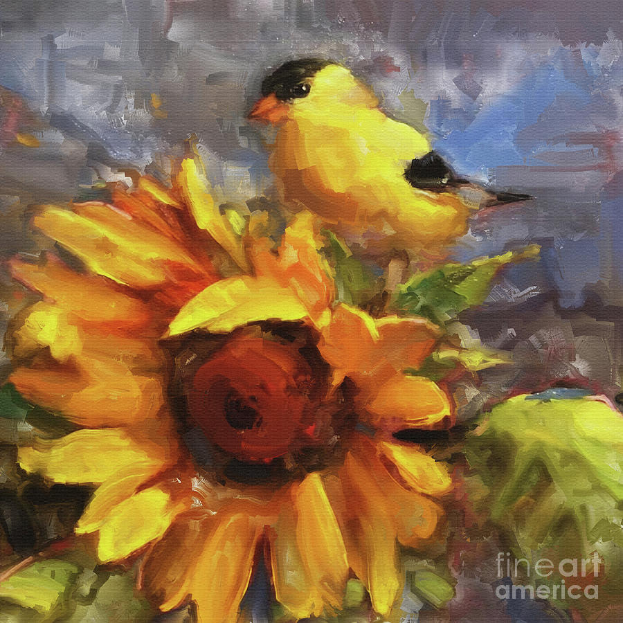 Bird on Sunflower  Painting by Gull G