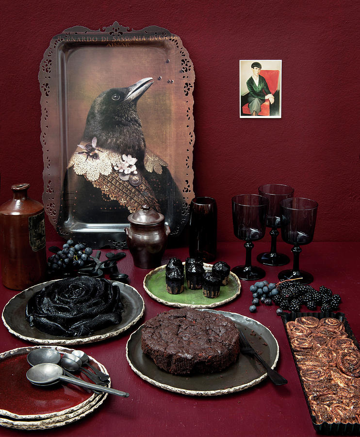 Bird Portrait On Tray And Buffet Of Cakes On Red Table Against Red Wall Photograph by James Stokes