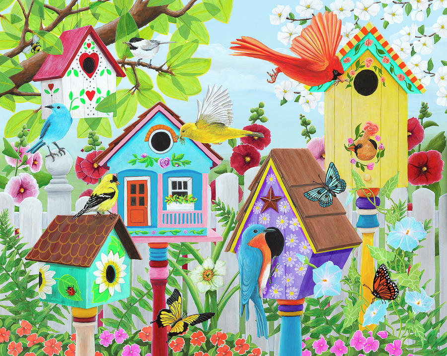 Bird Painting - Birdhouse Garden by Kathy Kehoe Bambeck