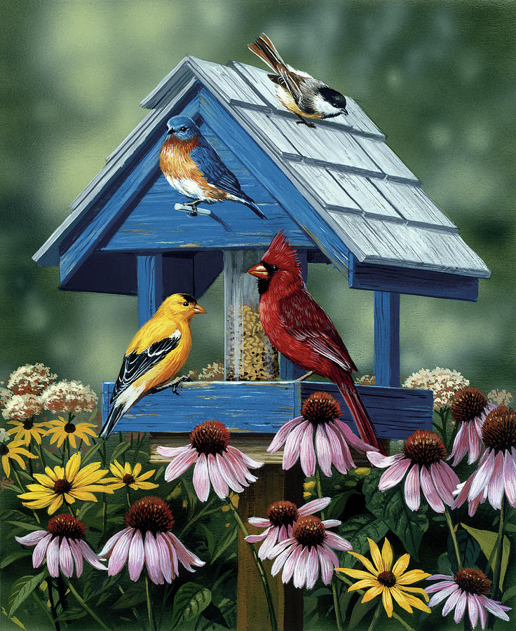 Bird Painting - Birdhouse/birds/coneflower by William Vanderdasson