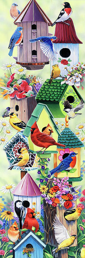 Animal Painting - Birdhouses And Birds Tower by Jenny Newland