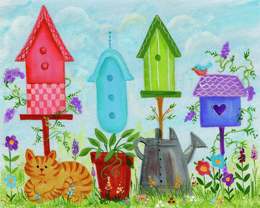 Birdhouses In Garden Painting by Beverly Johnston