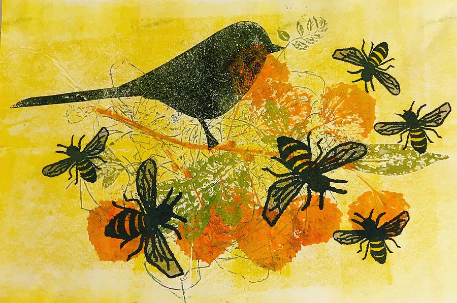 Birds And Bees (monoprint On Paper) Painting by Sarah Thompson-engels