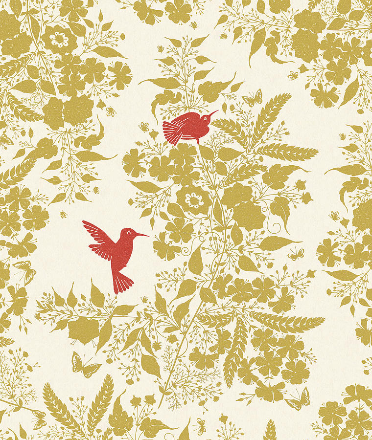 Hummingbird Drawing - Birds and Foliage Pattern by CSA Images