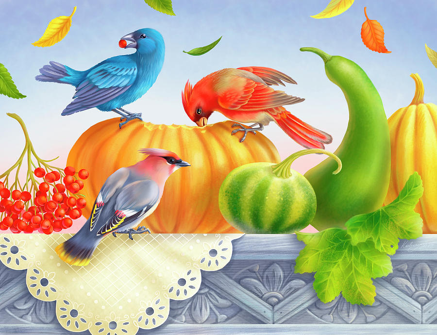 Bird Digital Art - Birds And Pumpkins by Olga Kovaleva
