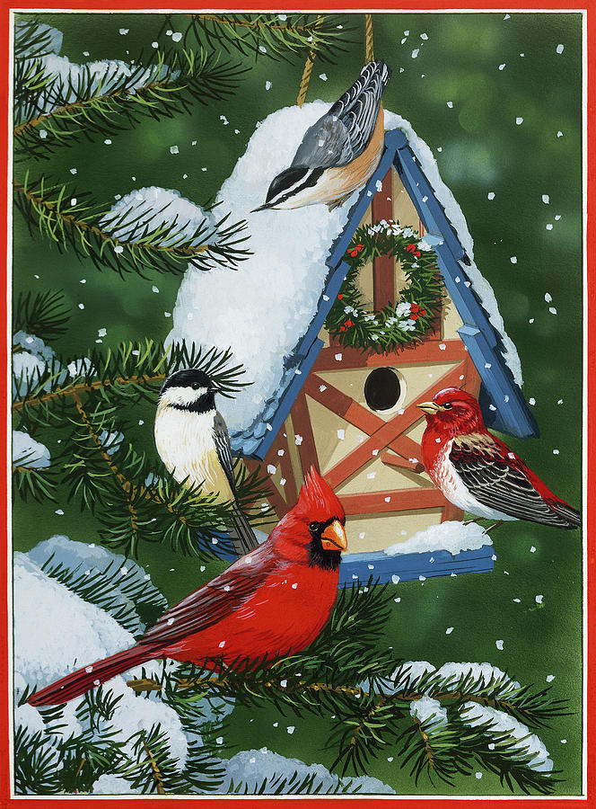 Winter Painting - Birds At Feeder (winter) by William Vanderdasson