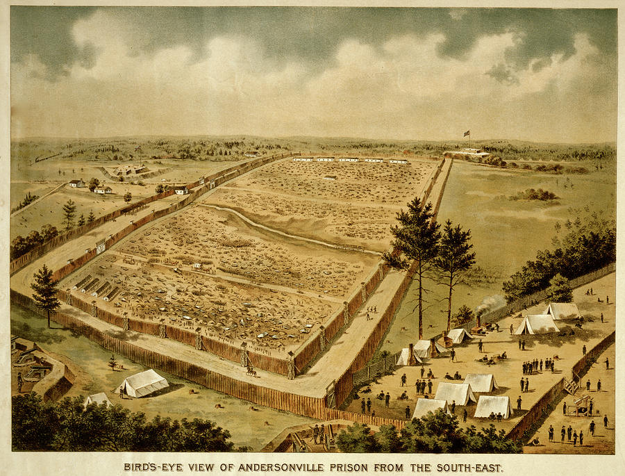 Birds-eye view of Andersonville Prison from the south-east Painting by Birds-eye view of Andersonville Prison from the south-east Painting by