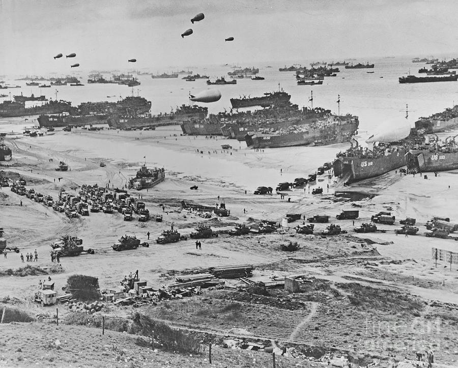 Birds-eye View Of Landing Craft, Barrage Balloons, And Allied Troops Landing In Normandy, France On D-day, 6th June, 1944 (gelatin Silver Print) Photograph by American Photographer