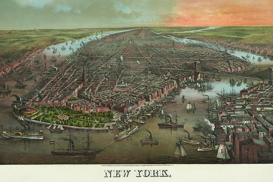 Birds-eye view of Manhattan, New York Painting by Unknown