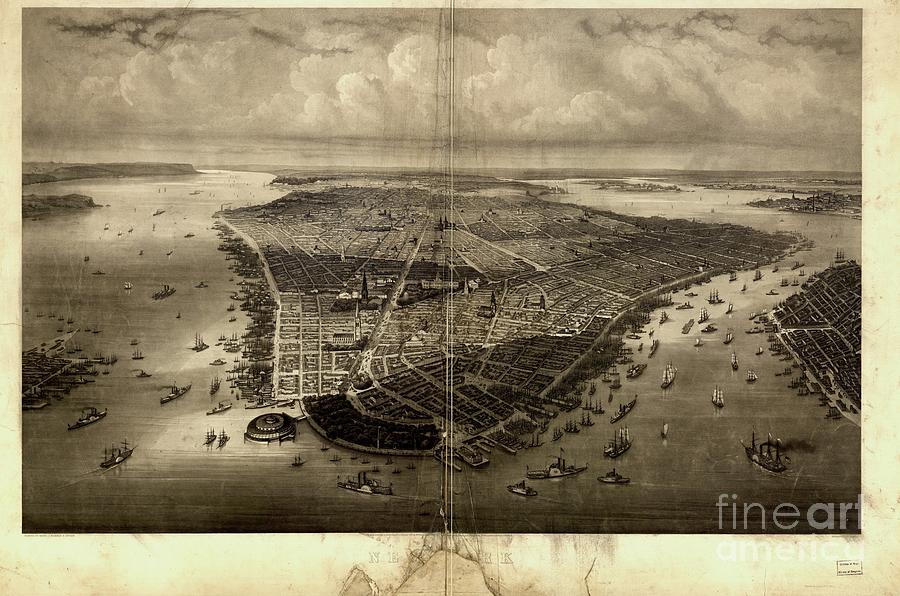 Birds-eye view of New York City 1851  Drawing by Flavia Westerwelle