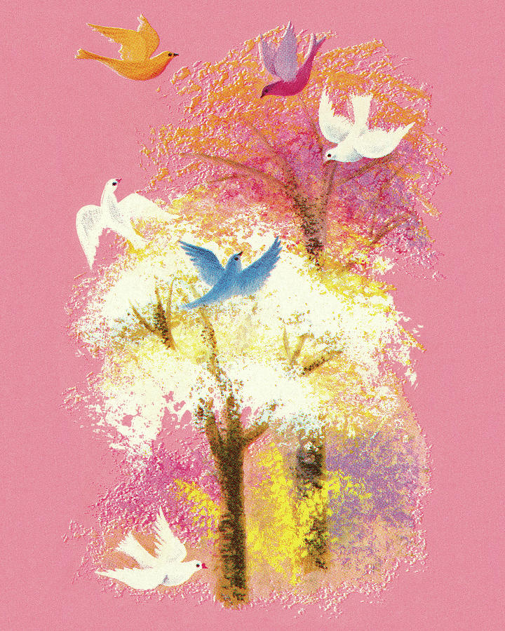 Dove Drawing - Birds Flying Around Pastel Trees by CSA Images