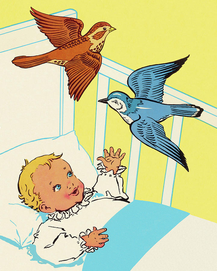 Vintage Drawing - Birds Flying Over Babys Crib by CSA Images
