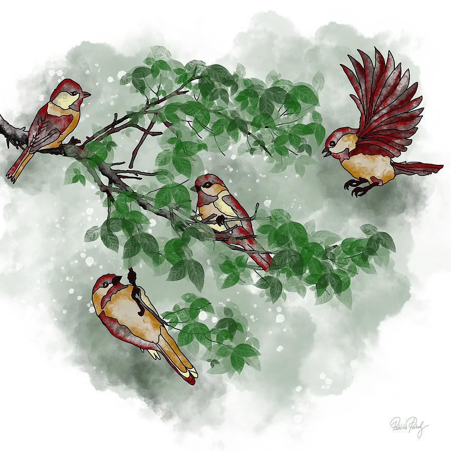 Birds on the tree branch Painting by Patricia Piotrak