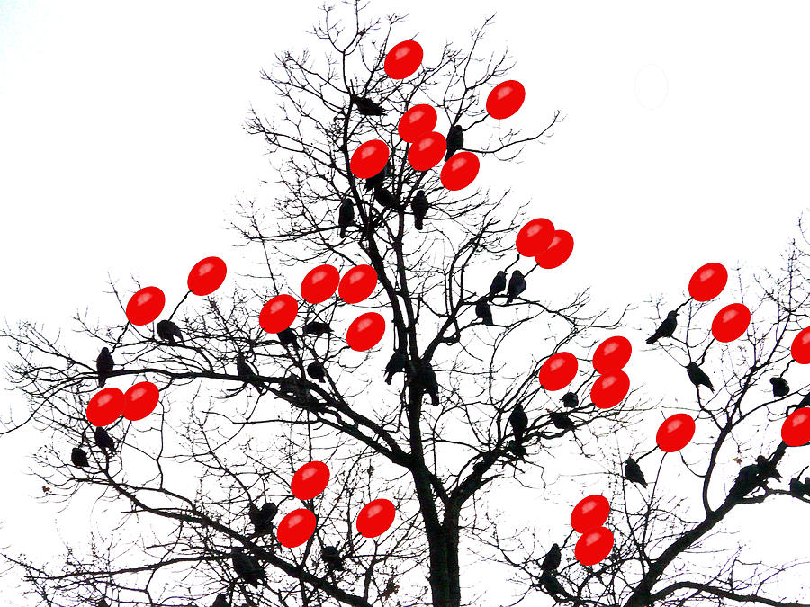 Birds With Red Balloon Perching On Dead Digital Art by Never Let Good Taste Stand In The Way Of Style