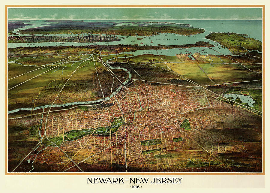 Map Mixed Media - Birdseye View Of Newark, New Jersey 1916 by Vintage Lavoie