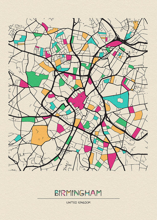 Birmingham, United Kingdom City Map Drawing by Inspirowl Design