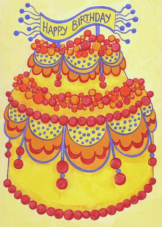 Happy Painting - Birthday Cake Blue Yellow Red by Andrea Strongwater