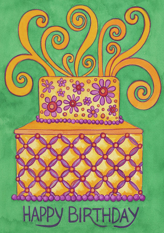 Flower Painting - Birthday Cake Square On Green by Andrea Strongwater