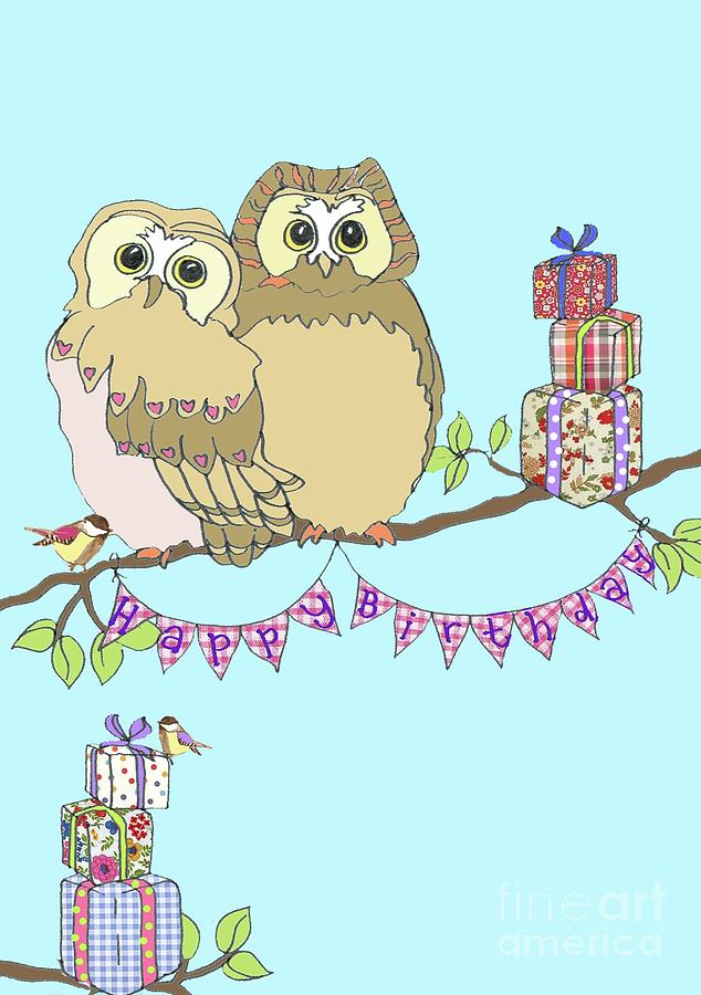 Birthday Owls Mixed Media by Anna Platts