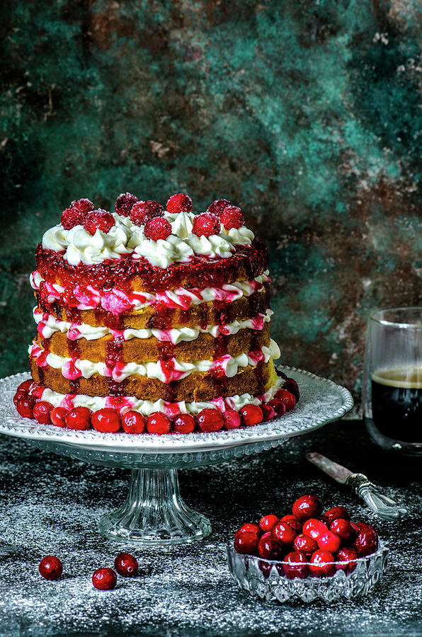 Biscuit Multi-tier Cake With Cranberries And Cream Cheese And Fresh Cranberries Photograph by Gorobina
