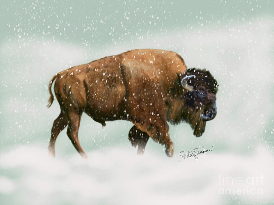 Bison In Snow Storm Painting