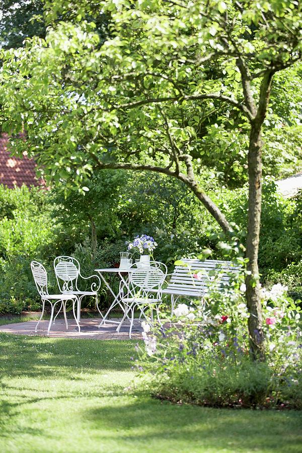 Bistro Furniture In Seating Area In Shade Of Wild Cherry In Garden Photograph by Jalag / Heiner Orth