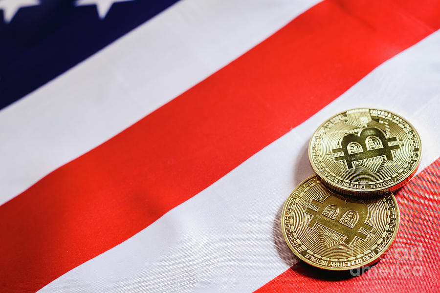 Bitcoins and american dollar bills with US flag background, copy space. Photograph by Joaquin Corbalan