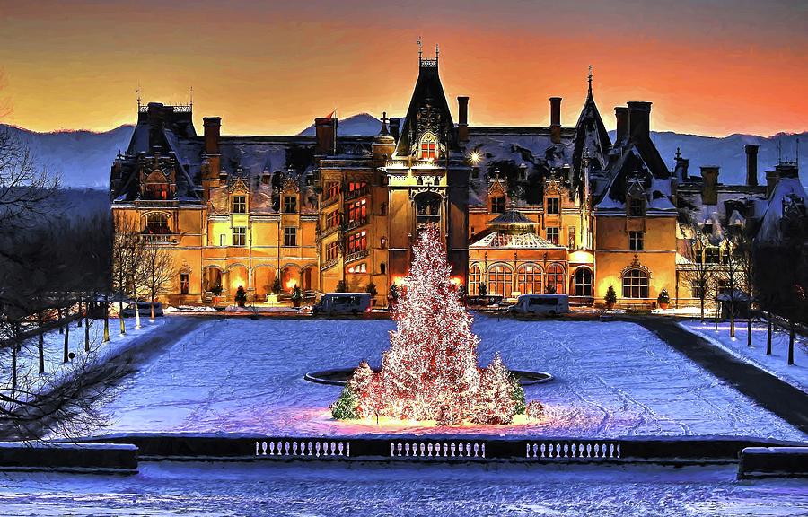 Biltmore Christmas Night all Covered In Snow Painting Photograph by Carol Montoya