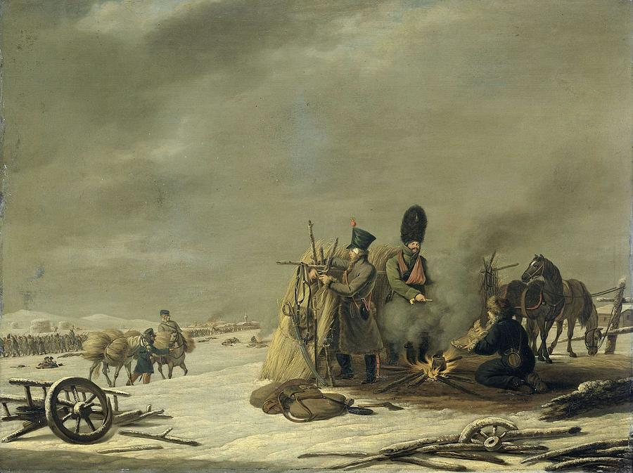 Bivouac at Molodechno, 3-4 December 1812 an episode from Napoleons Retreat from Russia. Painting by Johannes Hari -1772-1849-