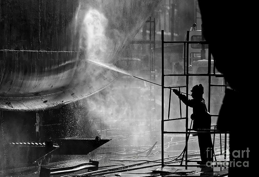 Cleaning Photograph - Black & White Image Of A Dock Worker by Richard lightscapes Cleaning Photograph - Black & White Image Of A Dock Worker by Richard lightscapes