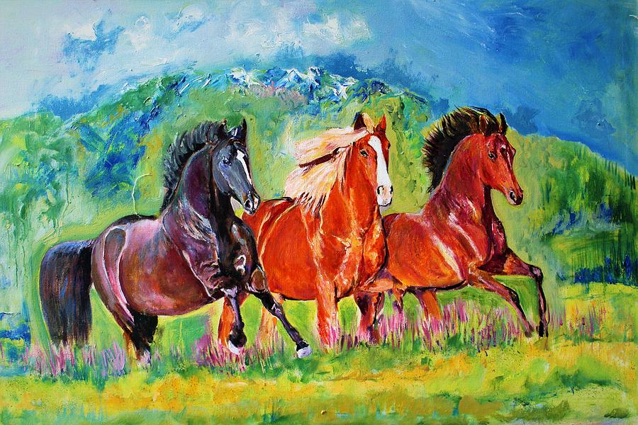 Black and brown stallions Painting by Khalid Saeed