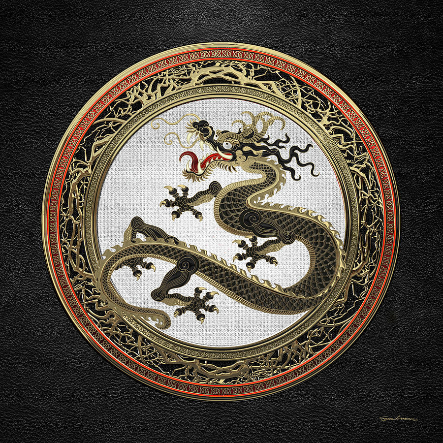 Black and Gold Sacred Eastern Dragon over Medallion on Black Leather Digital Art by Serge Averbukh
