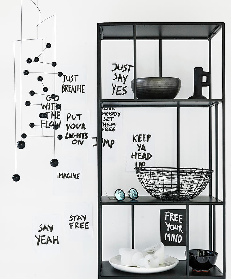 Black-and-white Arrangement: Mobile, Messages On Paper And Shelves Photograph by James Stokes