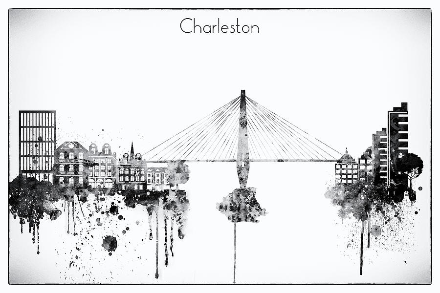 Black And White Digital Art - Black And White Charleston City Skyline by Dim Dom