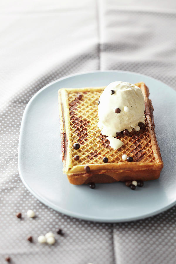 Black-and-white Chocolate Waffle With Vanilla Ice Cream Photograph by Atelier Mai 98