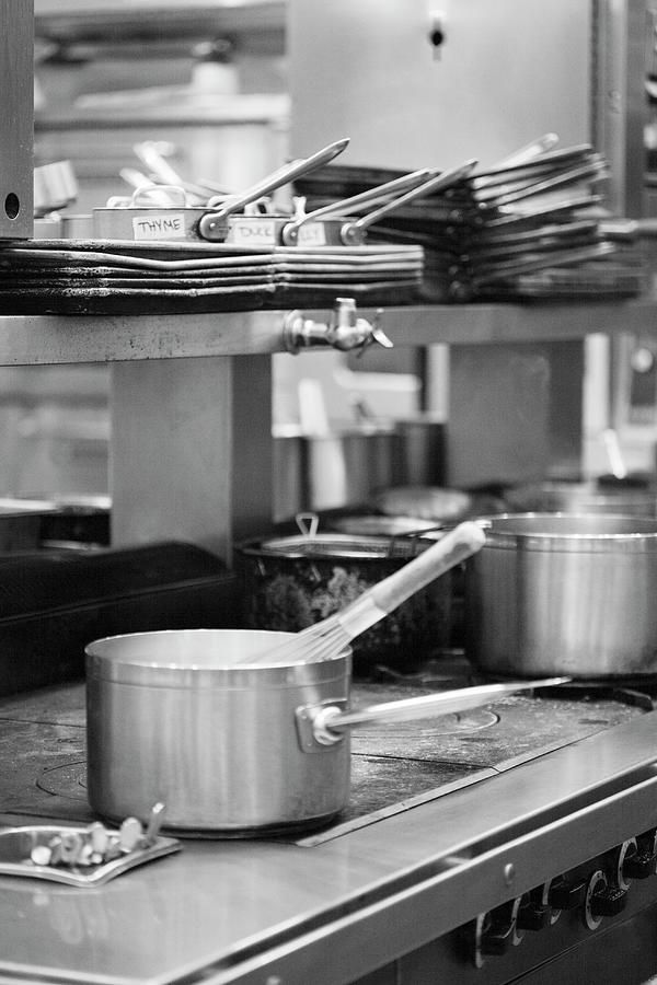 Black And White Commercial Kitchen Scene Photograph by Jennifer Martine