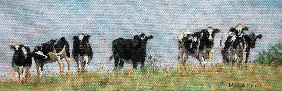 Black and White - Curious Cows on the Hillside Painting by Bonnie Mason